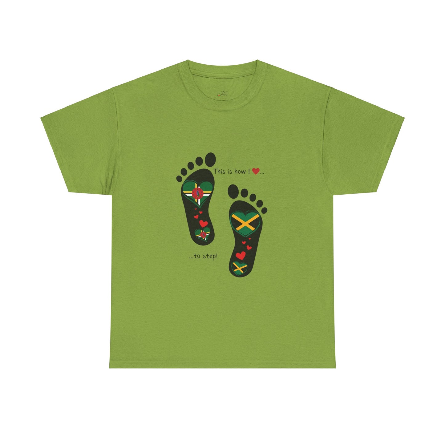 Jamaica & Dominica Flag in Footsteps Tee: Unique Unisex Soft style tee-Shirt for Dual Heritage Pride! Island Flag Fusion Apparel