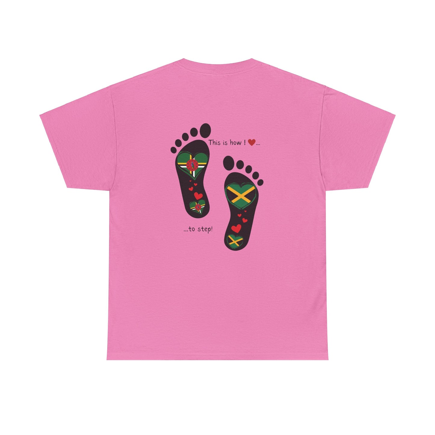 Jamaica & Dominica Flag in Footsteps Tee: Unique Unisex Soft style tee-Shirt for Dual Heritage Pride! Island Flag Fusion Apparel