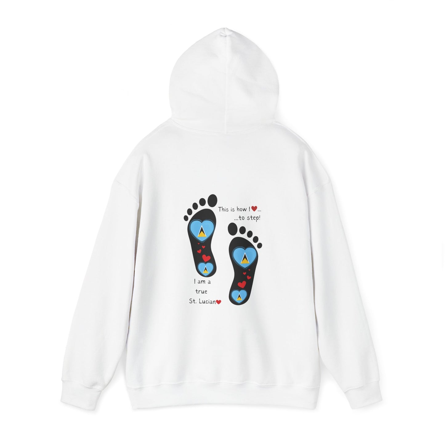 Elevate Your Style with LoveJustJules's St. Lucian Heart-Shaped Flag in Footsteps Hooded Sweatshirt.