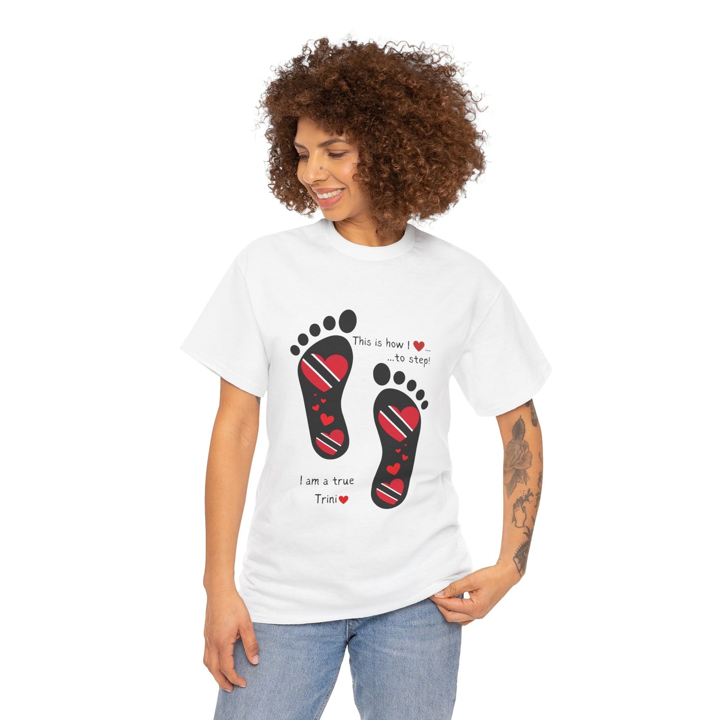 Introducing LoveJustJules's Exclusive Trinidad & Tobago Heart-Shaped Flags Footprint Tee - Trini flags in footprints. Gift Idea.