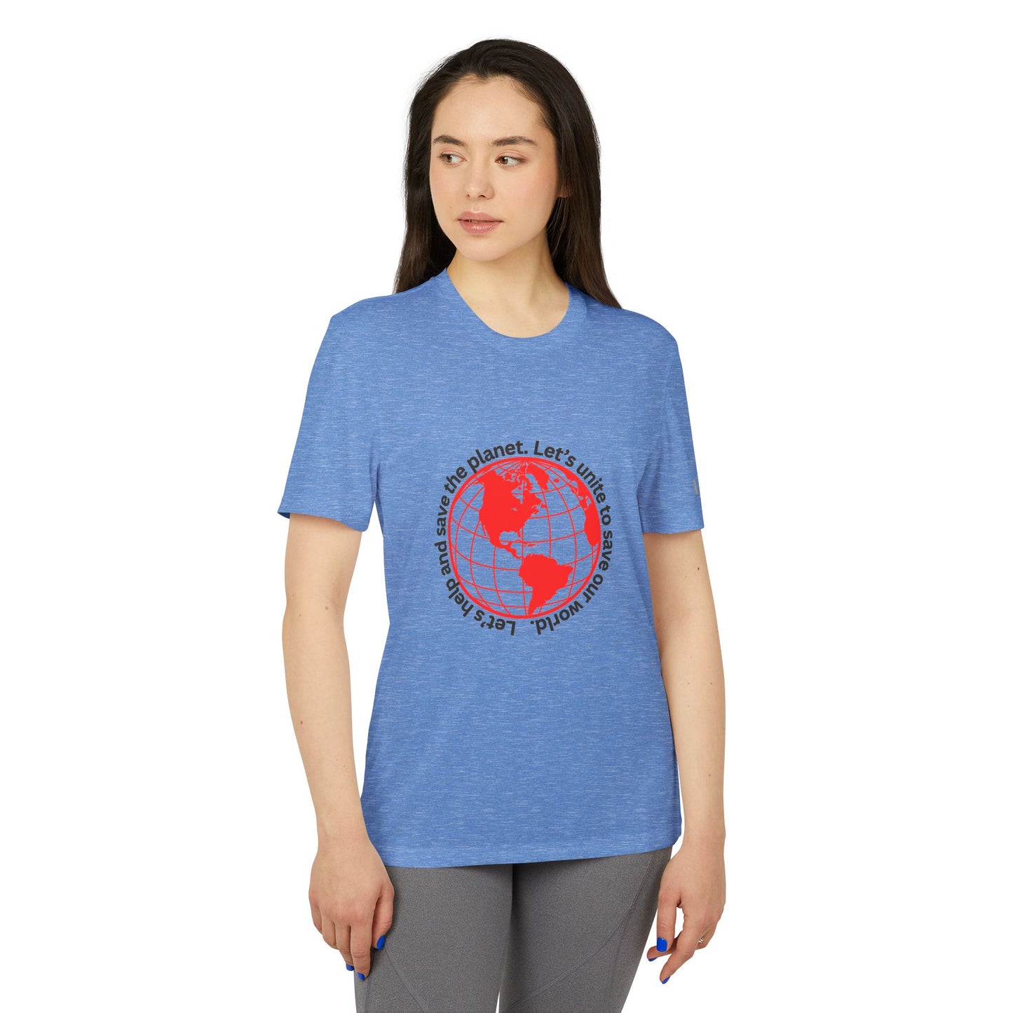 adidas® Unisex Sport T-shirt - Eco-Conscious-Message - Red Outlined World Tee -LoveJustJules - Custom-Designed Apparel
