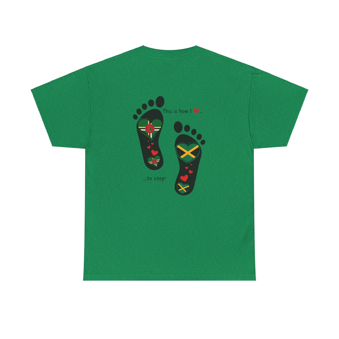 Jamaica & Dominica Flag in Footsteps Tee: Unique Unisex Soft style tee-Shirt for Dual Heritage Pride! Island Flag Fusion Apparel