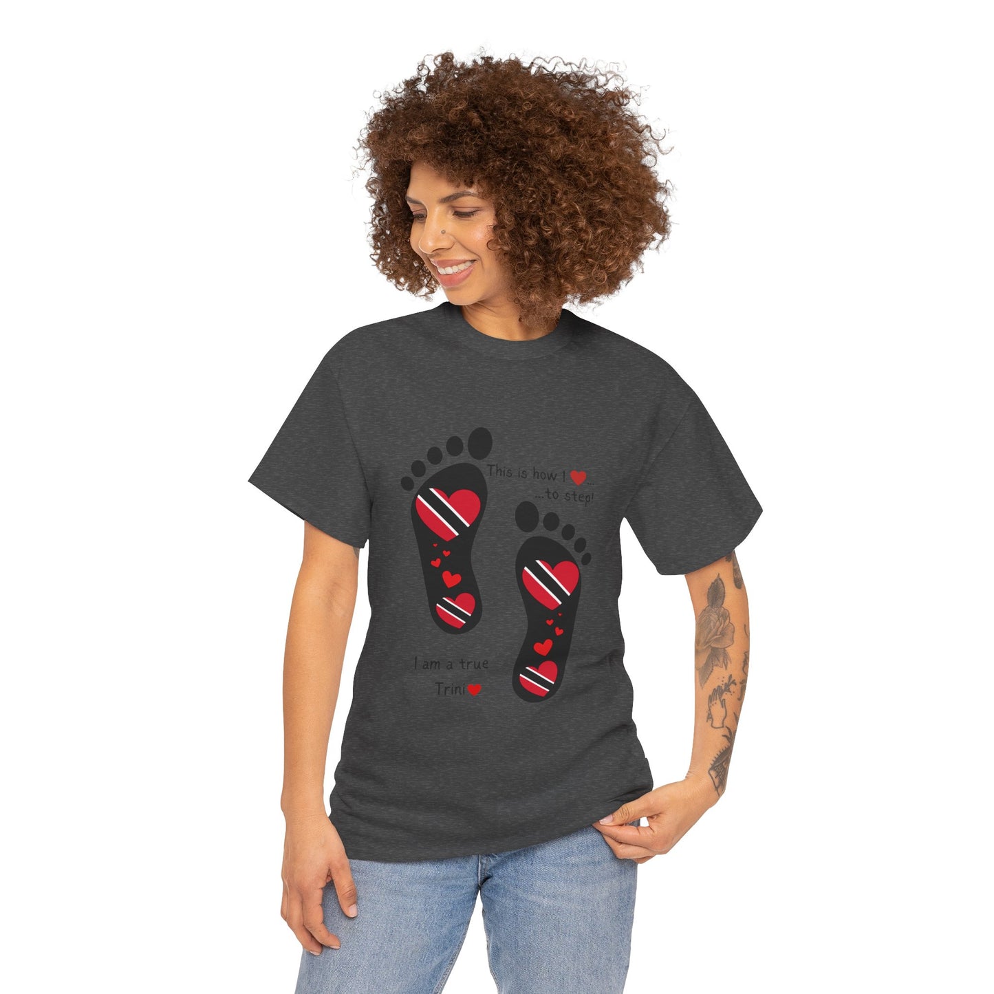 Introducing LoveJustJules's Exclusive Trinidad & Tobago Heart-Shaped Flags Footprint Tee - Trini flags in footprints. Gift Idea.
