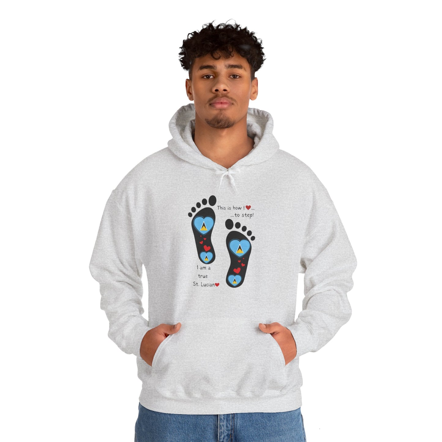 Elevate Your Style with LoveJustJules's St. Lucian Heart-Shaped Flag in Footsteps Hooded Sweatshirt.