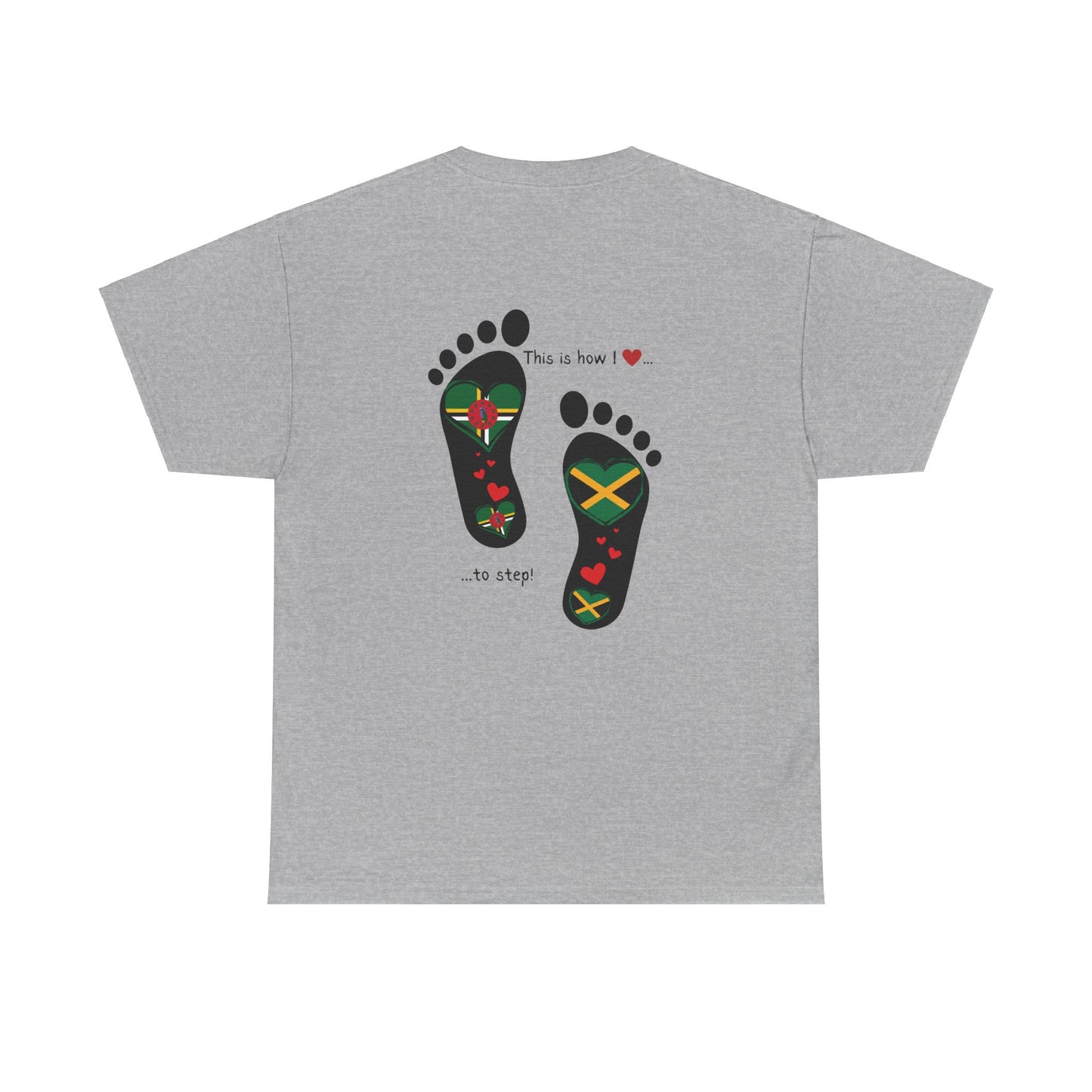 Jamaica & Dominica Flag in Footsteps Tee: Unique Unisex Soft style tee-Shirt for Dual Heritage Pride! Island Flag Fusion Apparel