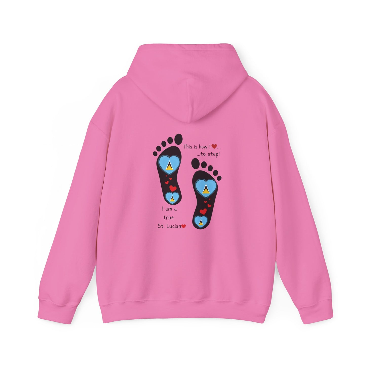 Elevate Your Style with LoveJustJules's St. Lucian Heart-Shaped Flag in Footsteps Hooded Sweatshirt.