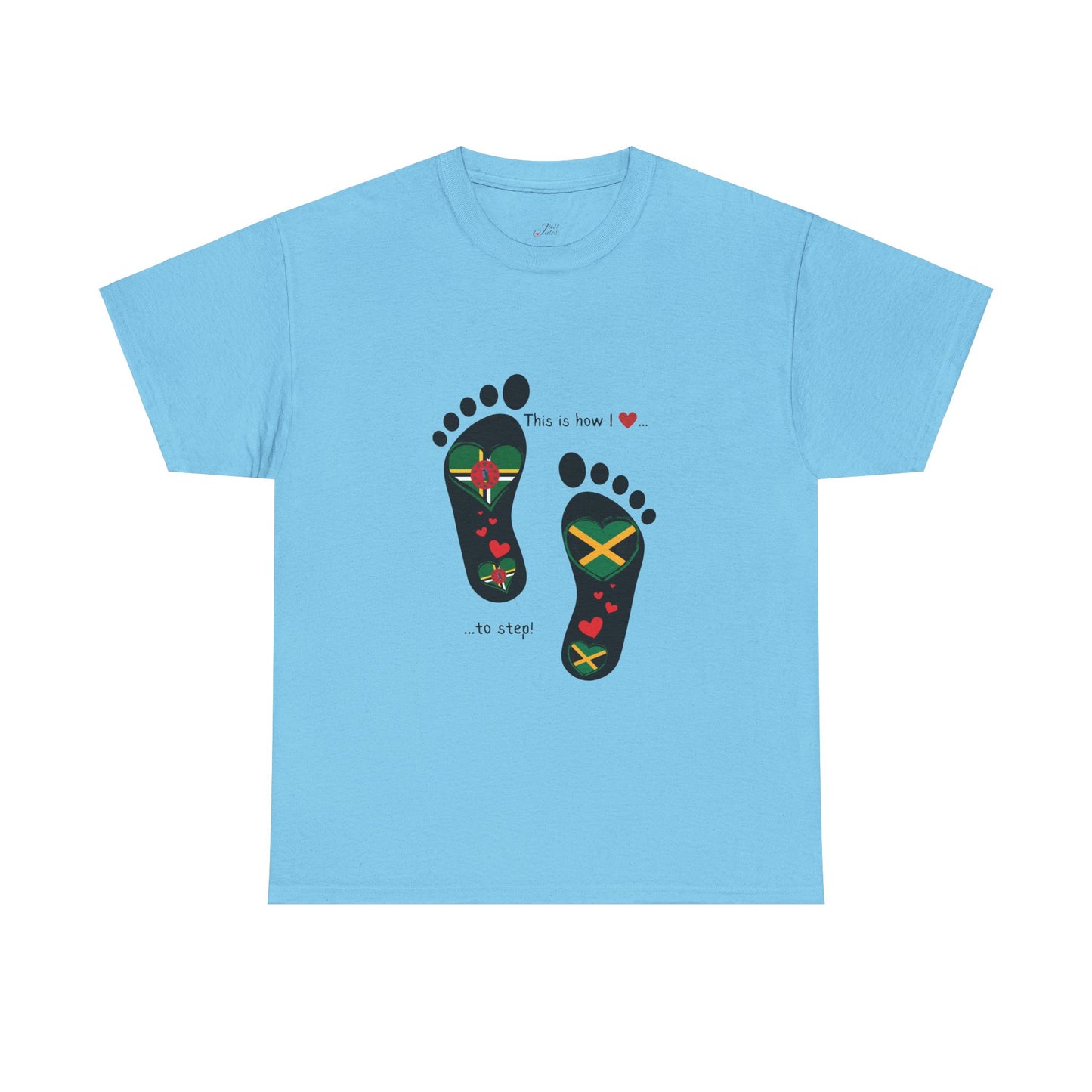 Jamaica & Dominica Flag in Footsteps Tee: Unique Unisex Soft style tee-Shirt for Dual Heritage Pride! Island Flag Fusion Apparel
