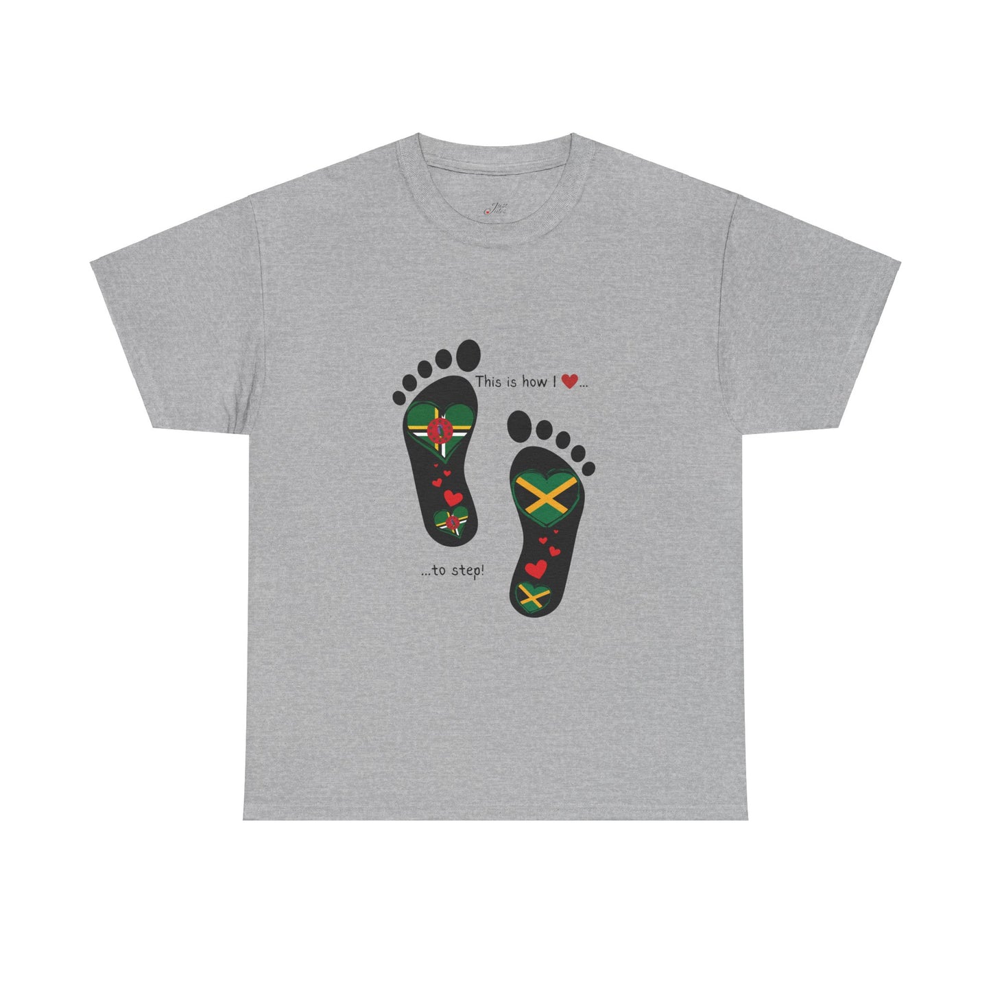 Jamaica & Dominica Flag in Footsteps Tee: Unique Unisex Soft style tee-Shirt for Dual Heritage Pride! Island Flag Fusion Apparel