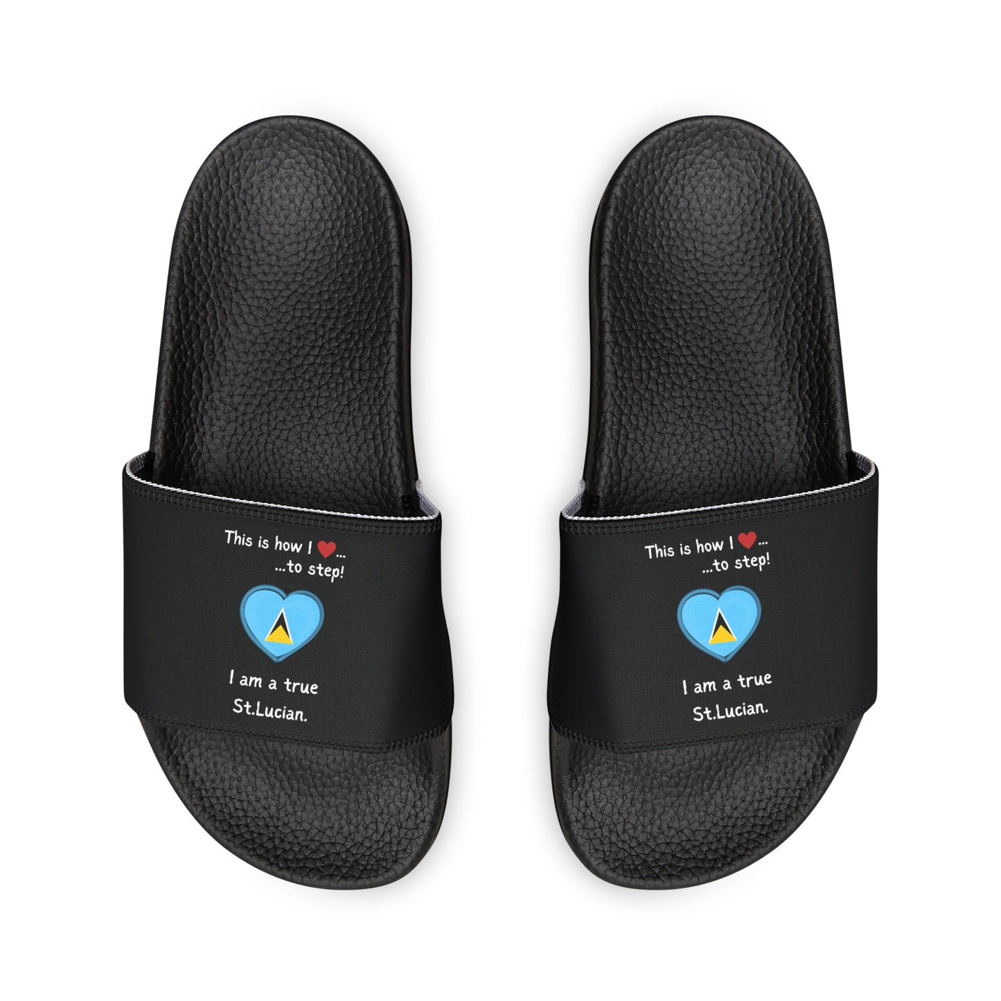 Women's PU Slide Sandals - Step into St. Lucian pride with our newly designed Heart-shaped St. Lucian flag slider footwear from LoveJustJules!