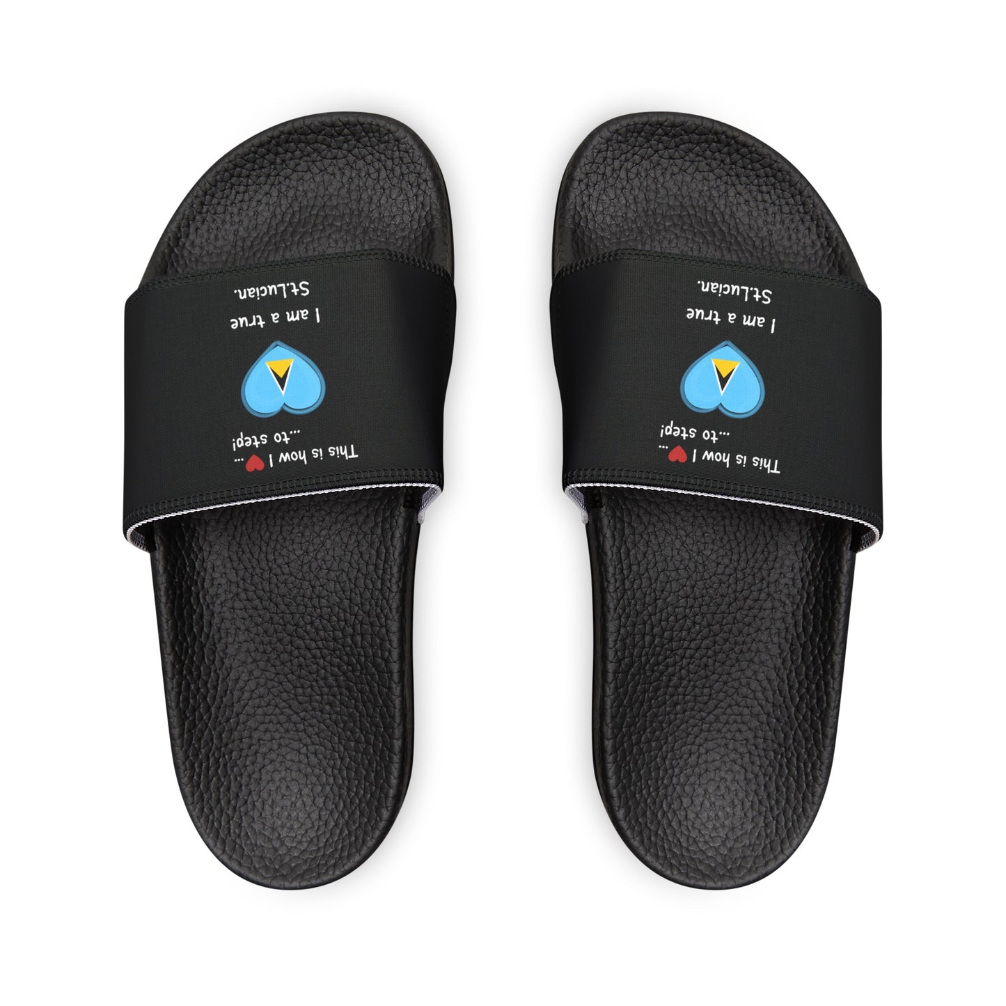 Women's PU Slide Sandals - Step into St. Lucian pride with our newly designed Heart-shaped St. Lucian flag slider footwear from LoveJustJules!