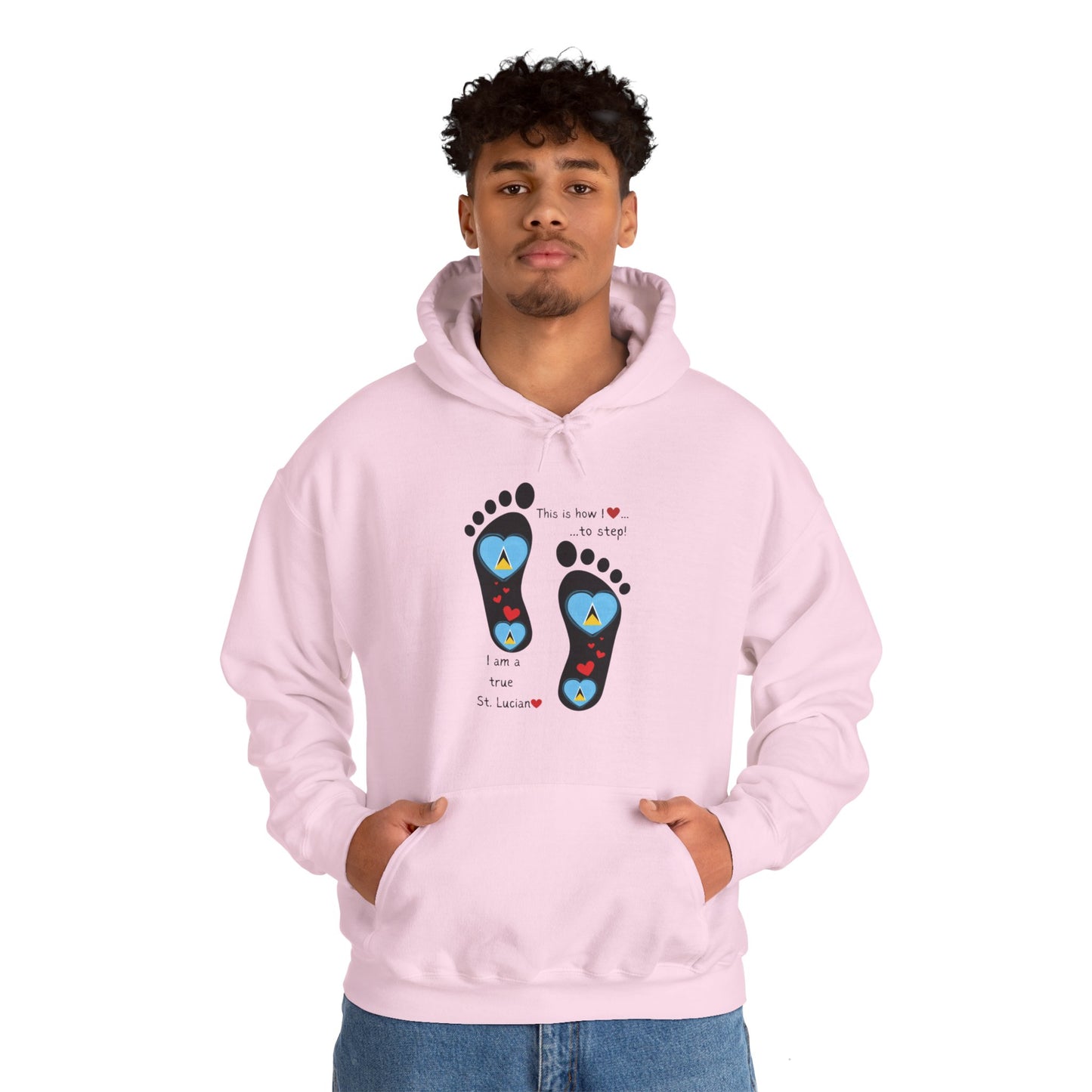 Elevate Your Style with LoveJustJules's St. Lucian Heart-Shaped Flag in Footsteps Hooded Sweatshirt.