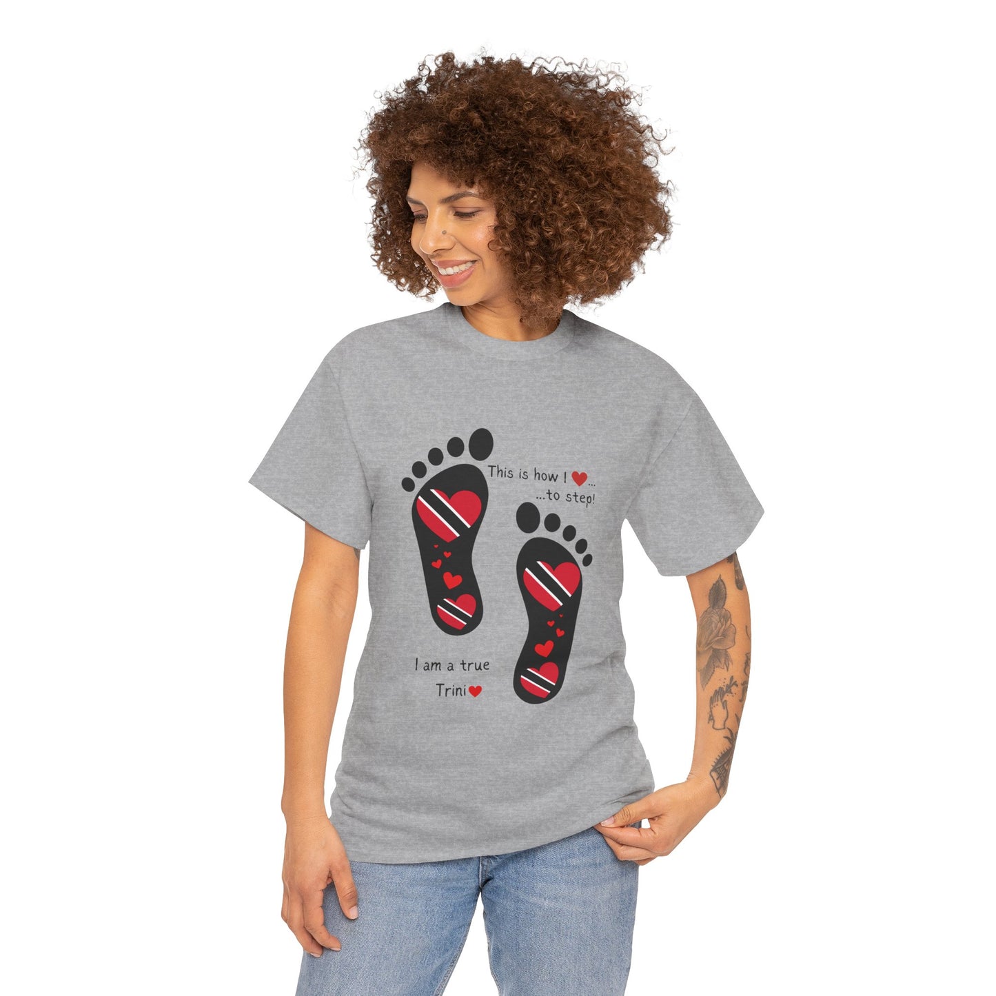 Introducing LoveJustJules's Exclusive Trinidad & Tobago Heart-Shaped Flags Footprint Tee - Trini flags in footprints. Gift Idea.