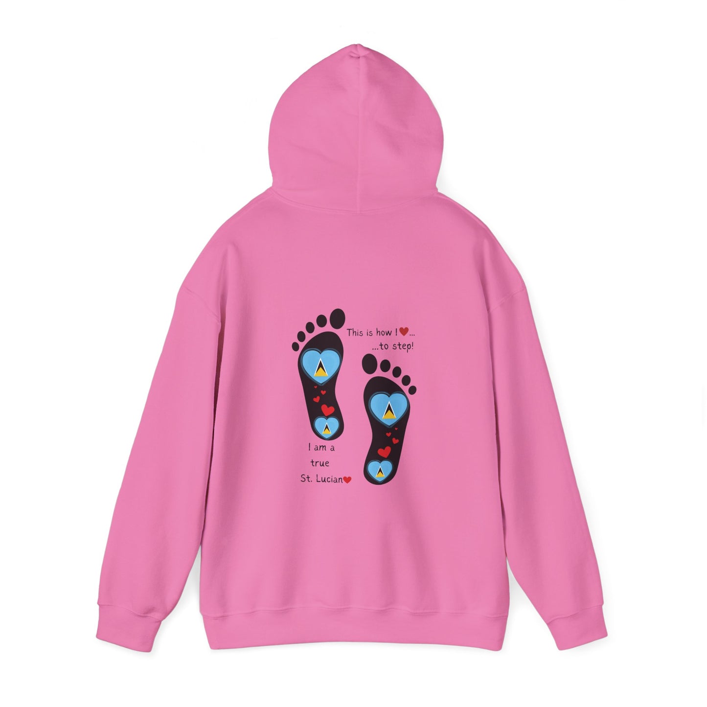 Elevate Your Style with LoveJustJules's St. Lucian Heart-Shaped Flag in Footsteps Hooded Sweatshirt.