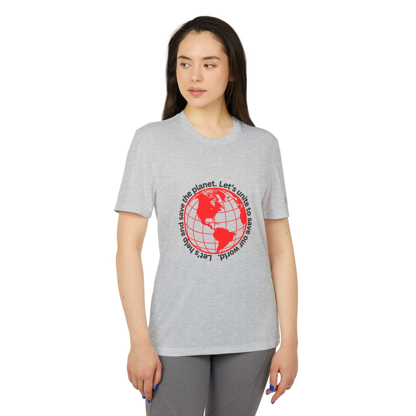 adidas® Unisex Sport T-shirt - Eco-Conscious-Message - Red Outlined World Tee -LoveJustJules - Custom-Designed Apparel