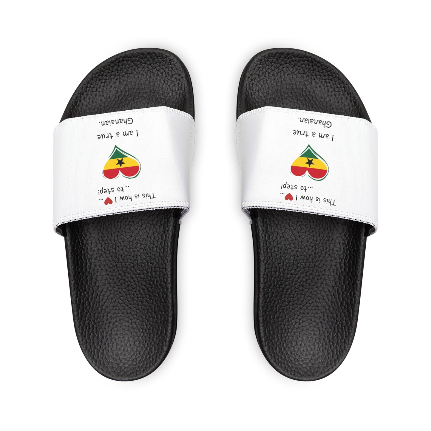 Women's PU Slide Sandals - Step into the vibrant culture of Ghana with our Heart-shaped Ghanaian flag slider footwear from LoveJustJules!