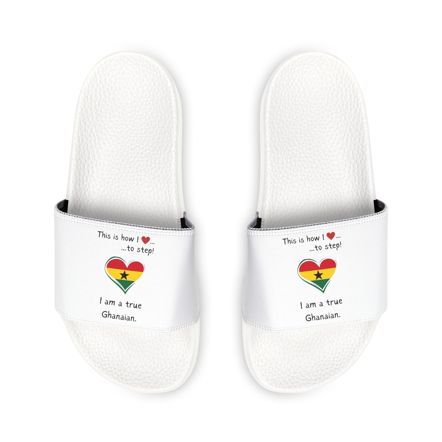 Men's PU Slide Sandals - Step into the vibrant culture of Ghana with our Heart-shaped Ghanaian flag slider footwear from LoveJustJules!