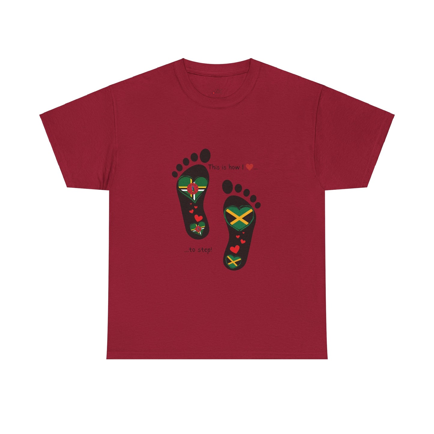 Jamaica & Dominica Flag in Footsteps Tee: Unique Unisex Soft style tee-Shirt for Dual Heritage Pride! Island Flag Fusion Apparel