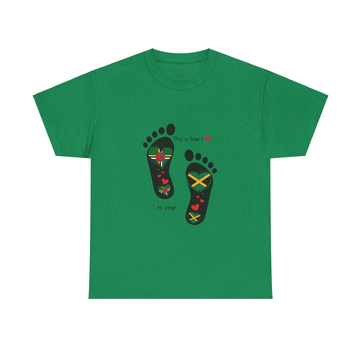 Jamaica & Dominica Flag in Footsteps Tee: Unique Unisex Soft style tee-Shirt for Dual Heritage Pride! Island Flag Fusion Apparel