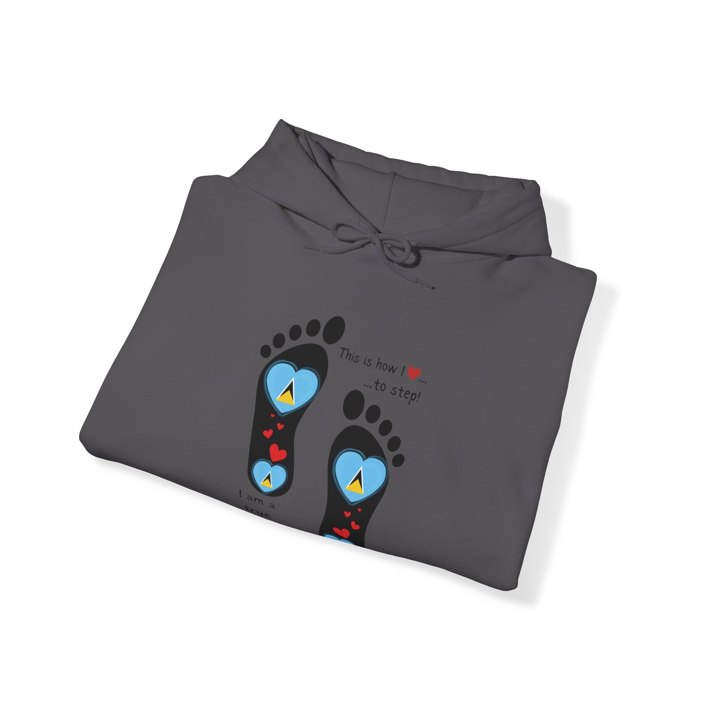 Elevate Your Style with LoveJustJules's St. Lucian Heart-Shaped Flag in Footsteps Hooded Sweatshirt.