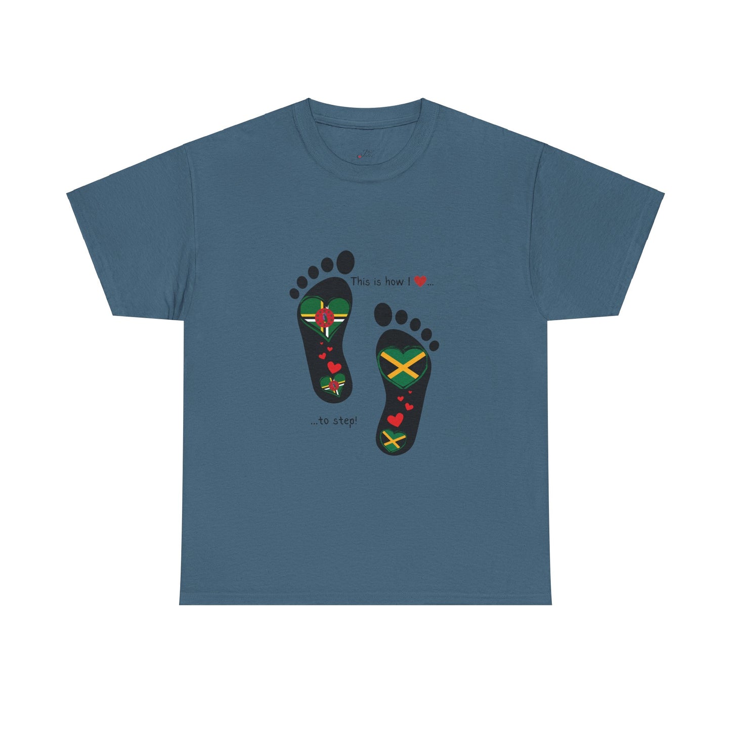 Jamaica & Dominica Flag in Footsteps Tee: Unique Unisex Soft style tee-Shirt for Dual Heritage Pride! Island Flag Fusion Apparel