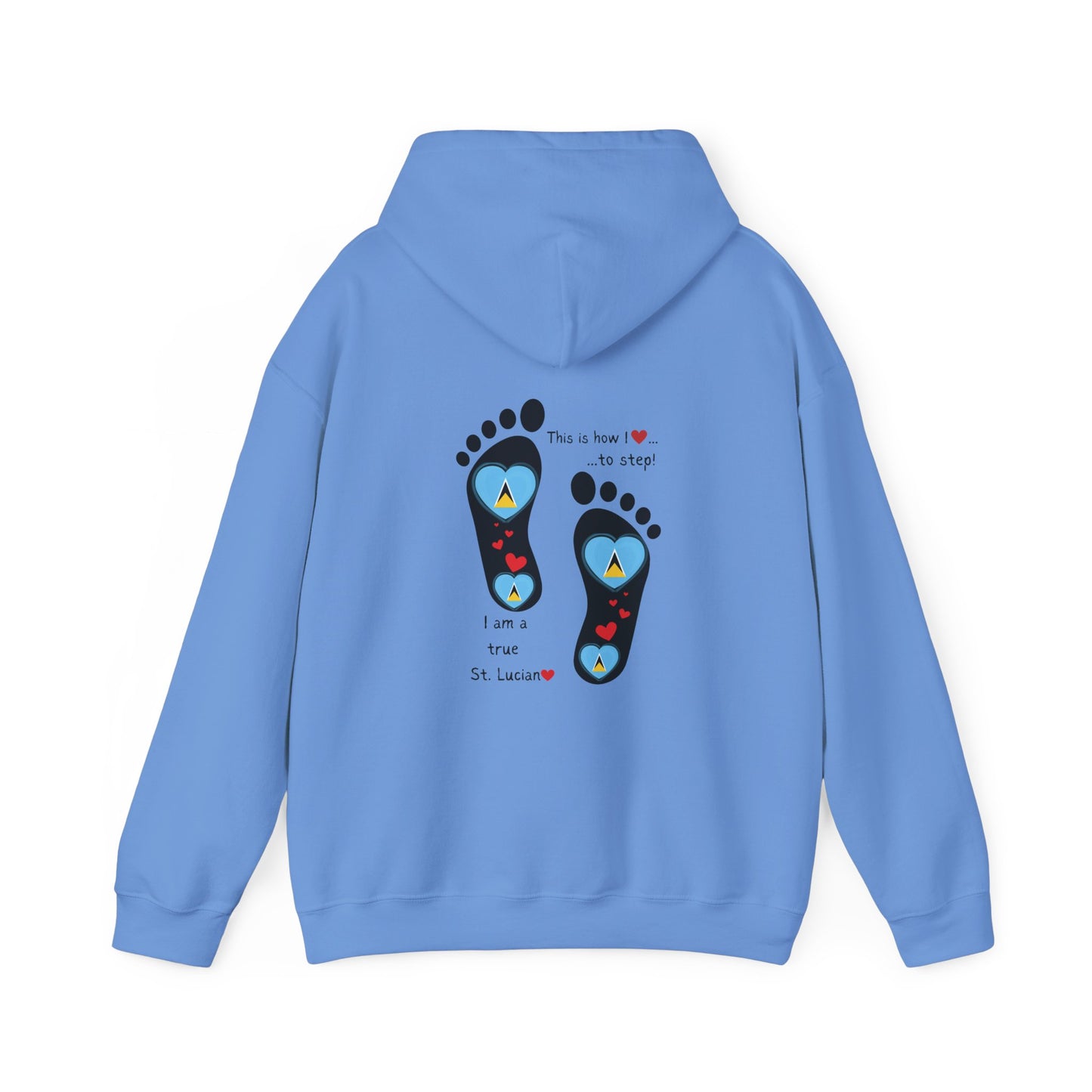 Elevate Your Style with LoveJustJules's St. Lucian Heart-Shaped Flag in Footsteps Hooded Sweatshirt.