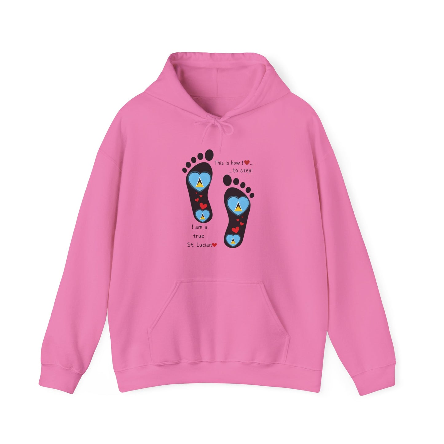 Elevate Your Style with LoveJustJules's St. Lucian Heart-Shaped Flag in Footsteps Hooded Sweatshirt.