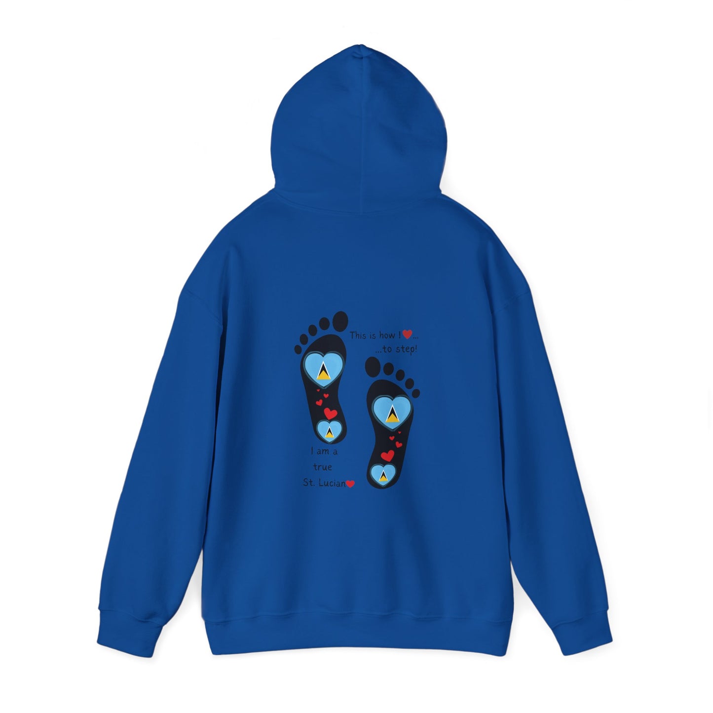 Elevate Your Style with LoveJustJules's St. Lucian Heart-Shaped Flag in Footsteps Hooded Sweatshirt.
