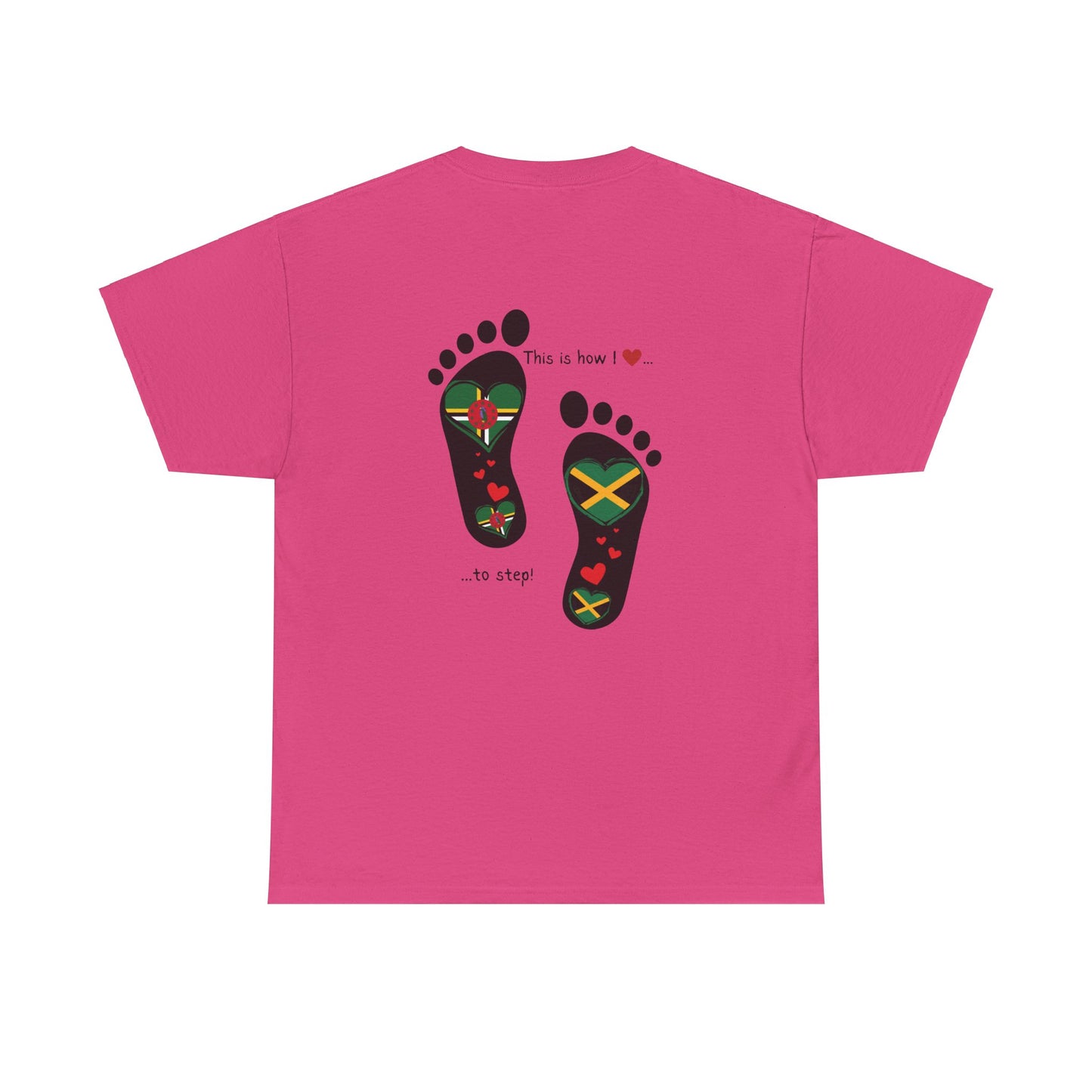 Jamaica & Dominica Flag in Footsteps Tee: Unique Unisex Soft style tee-Shirt for Dual Heritage Pride! Island Flag Fusion Apparel