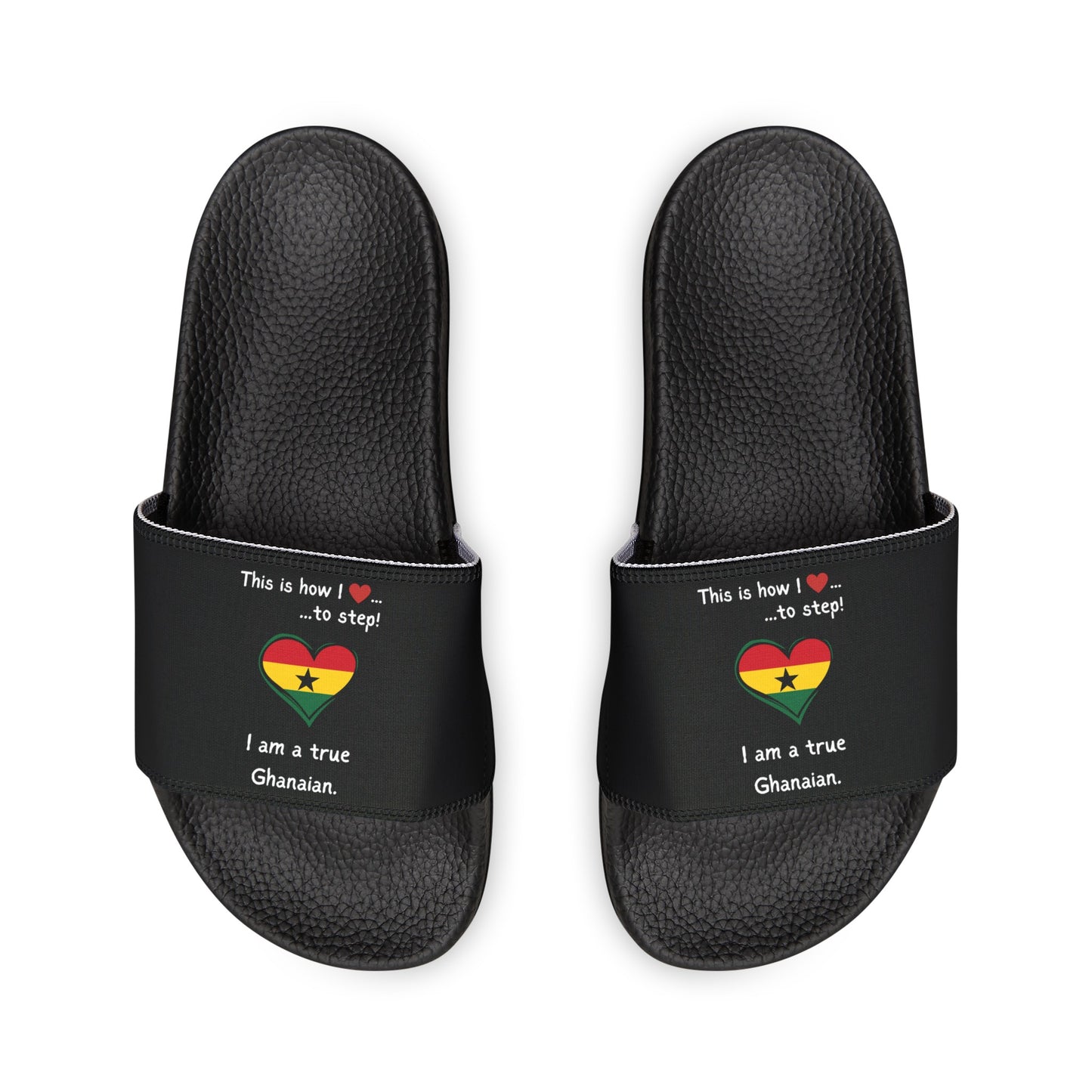 Women's PU Slide Sandals - Step into the vibrant culture of Ghana with our Heart-shaped flag slider footwear from LoveJustJules!