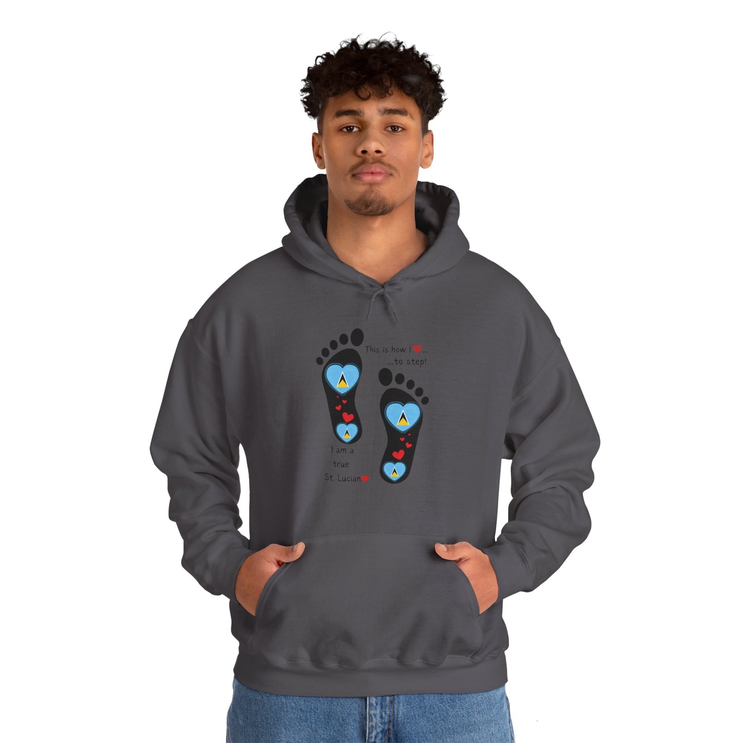 Elevate Your Style with LoveJustJules's St. Lucian Heart-Shaped Flag in Footsteps Hooded Sweatshirt.
