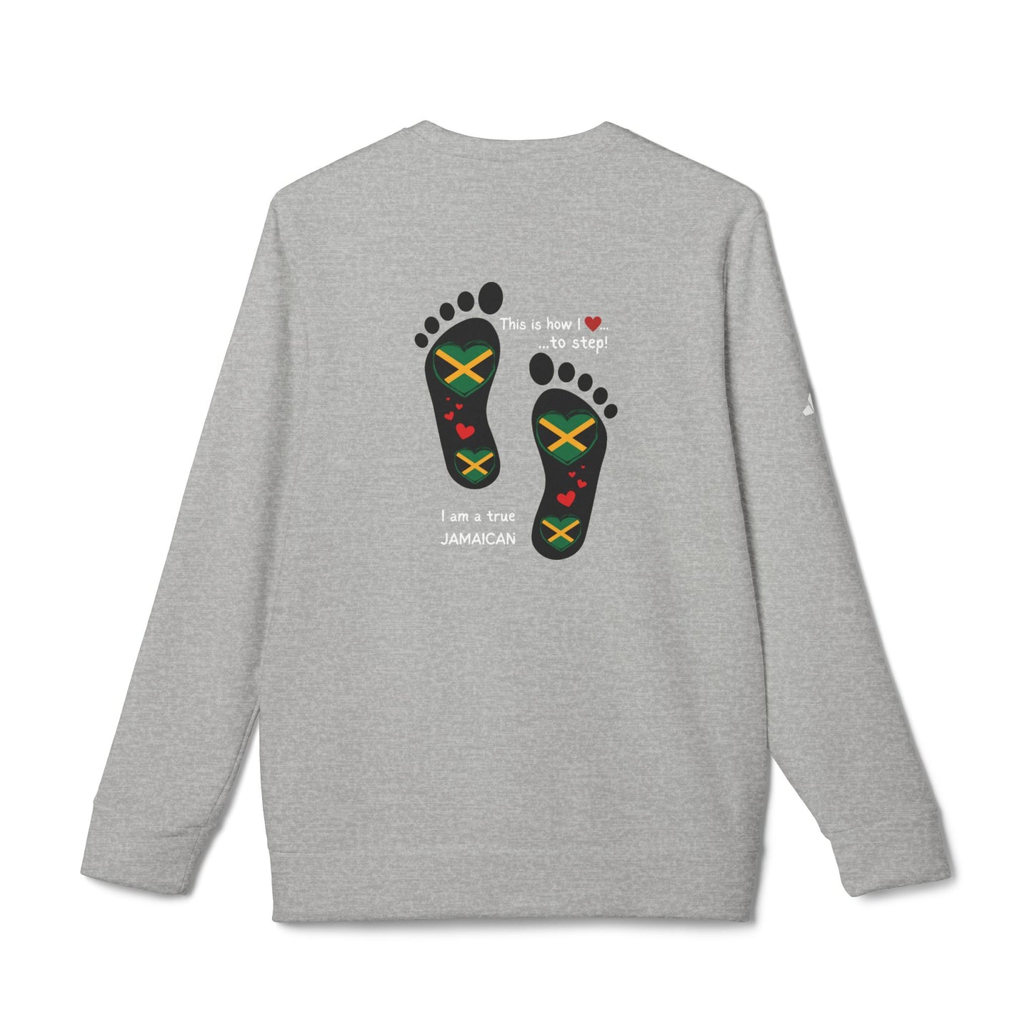 adidas® Unisex Fleece Crewneck Sweatshirt - LoveJustJules Heart-Shaped Flag of Jamaica in Footprints Top - A Fusion of Style, Patriotism, and adidas® Quality