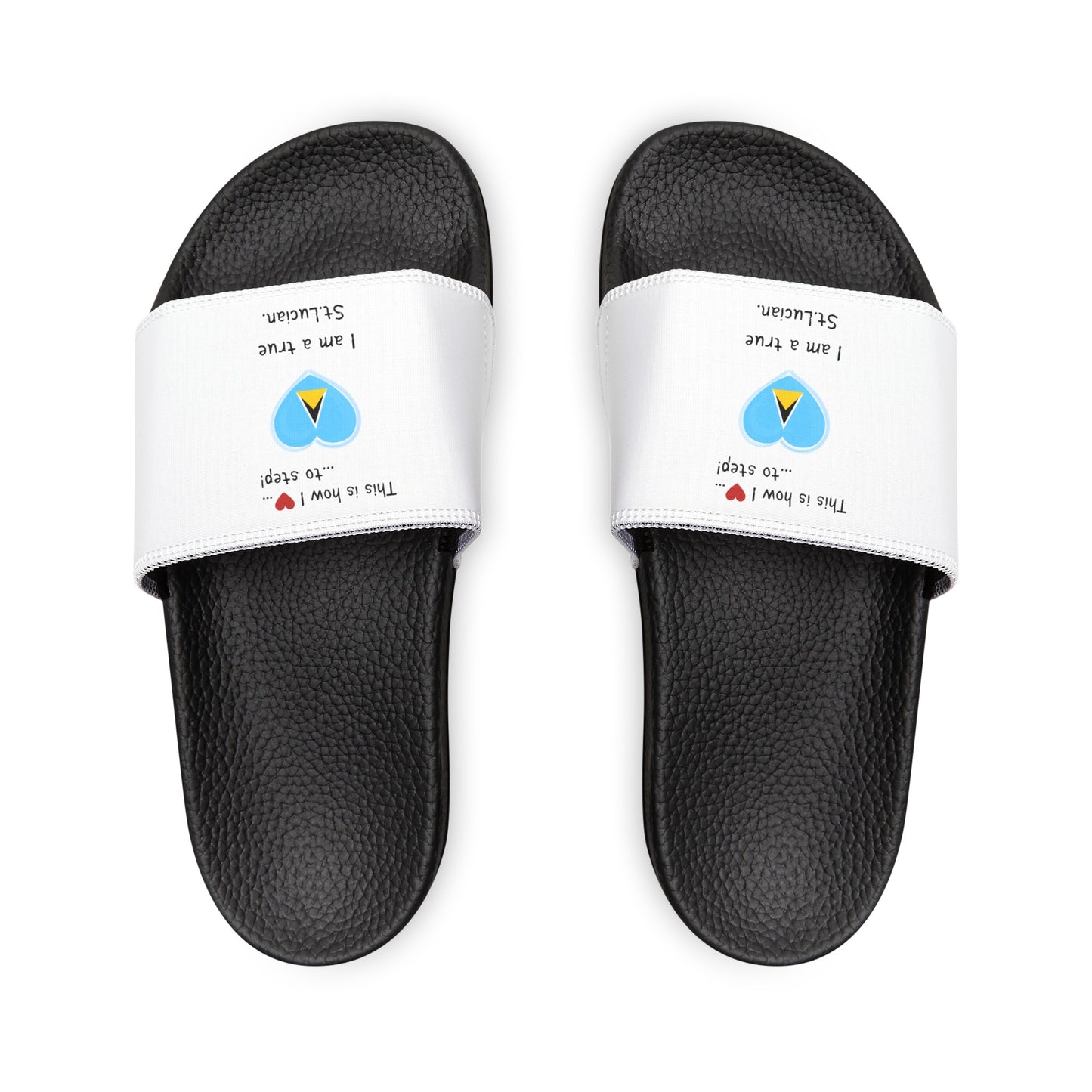 Women's PU Slide Sandals - Step into St. Lucian pride with our newly designed Heart-shaped St. Lucian flag slider footwear from LoveJustJules!