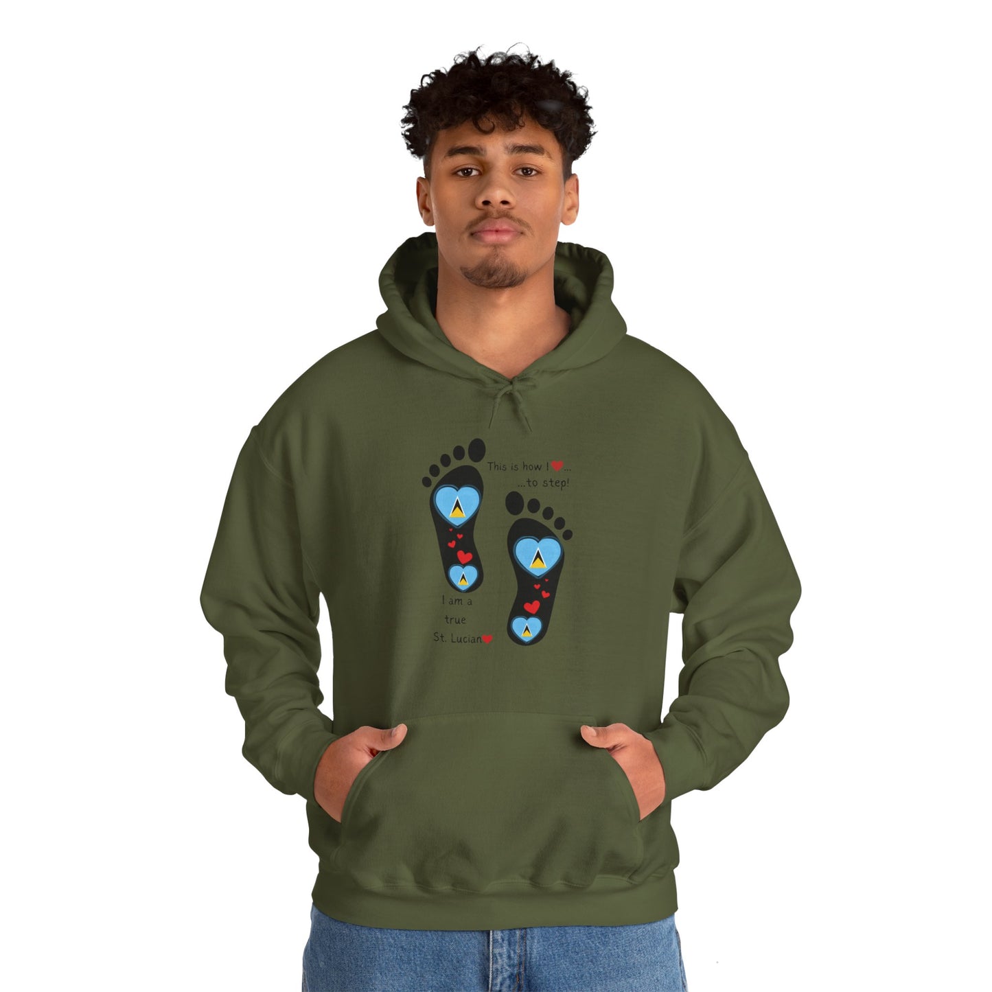 Elevate Your Style with LoveJustJules's St. Lucian Heart-Shaped Flag in Footsteps Hooded Sweatshirt.