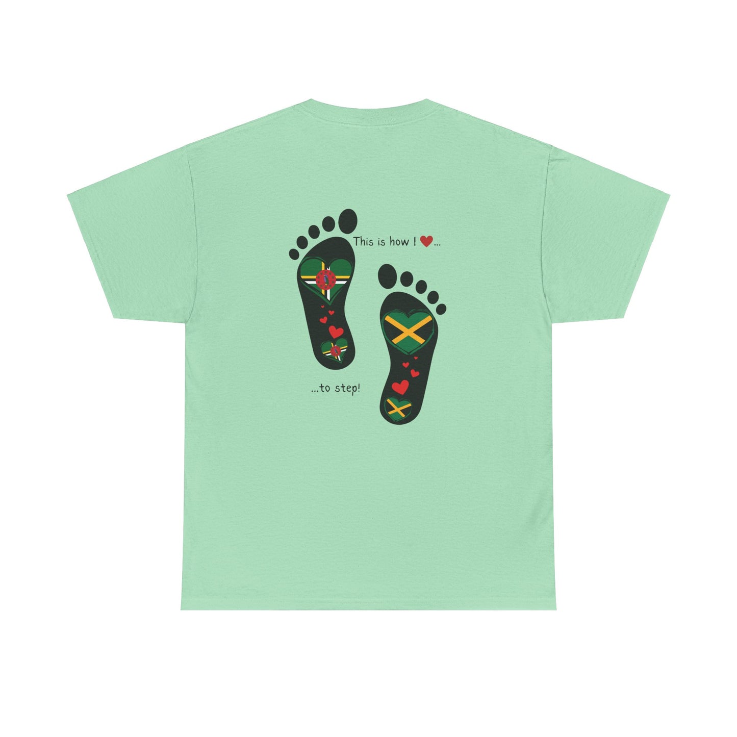 Jamaica & Dominica Flag in Footsteps Tee: Unique Unisex Soft style tee-Shirt for Dual Heritage Pride! Island Flag Fusion Apparel