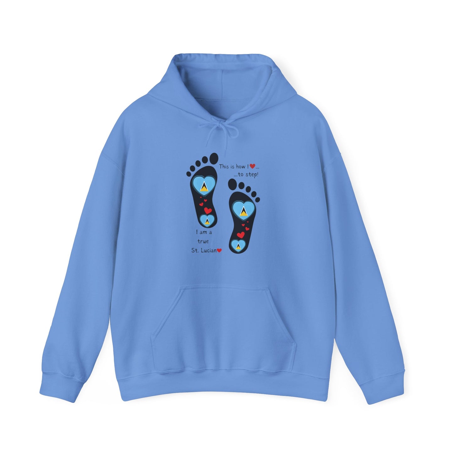 Elevate Your Style with LoveJustJules's St. Lucian Heart-Shaped Flag in Footsteps Hooded Sweatshirt.