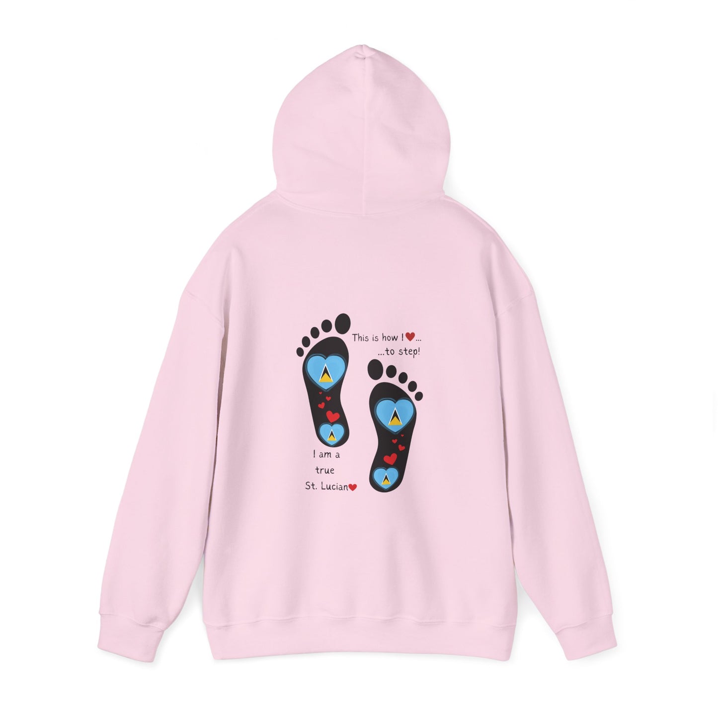Elevate Your Style with LoveJustJules's St. Lucian Heart-Shaped Flag in Footsteps Hooded Sweatshirt.