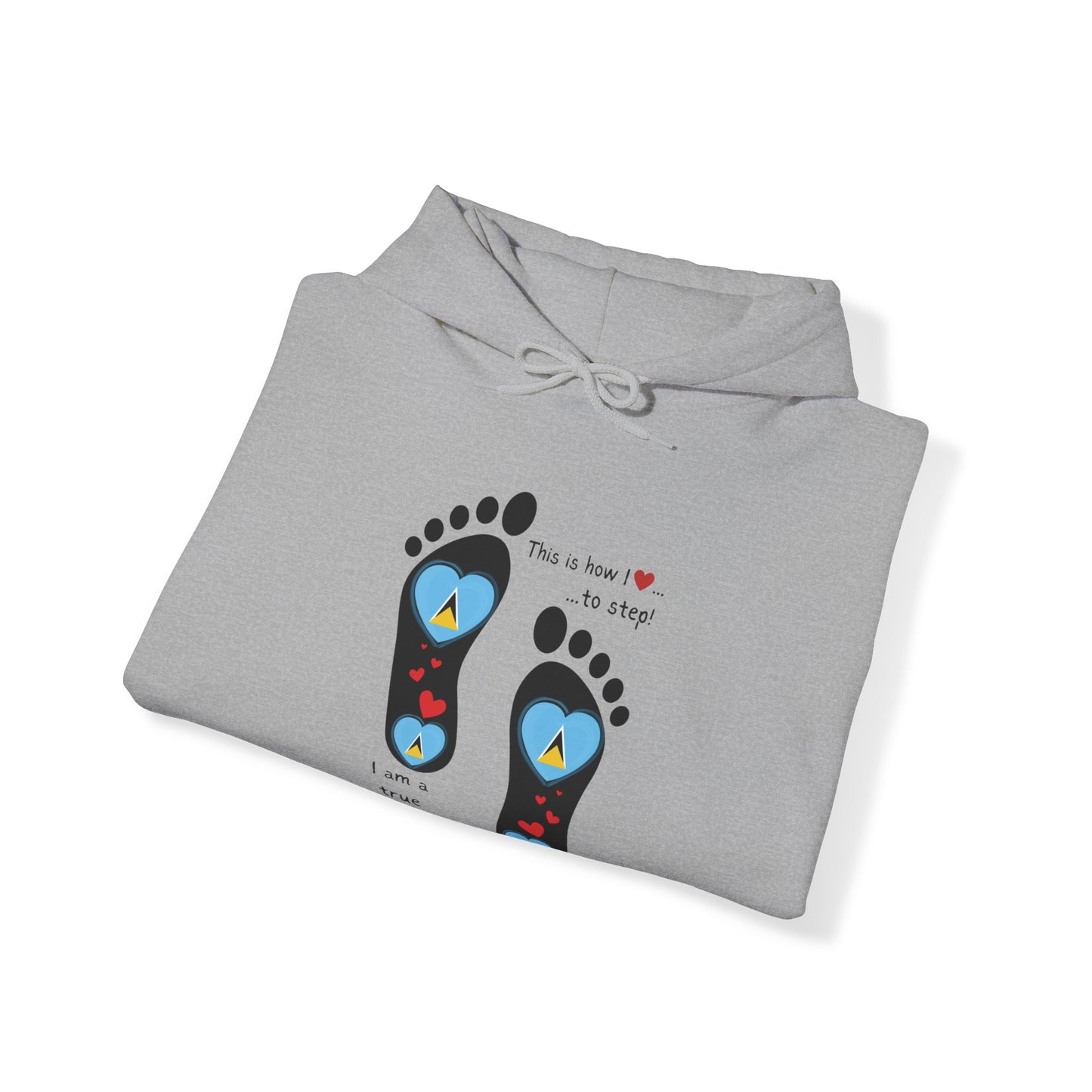 Elevate Your Style with LoveJustJules's St. Lucian Heart-Shaped Flag in Footsteps Hooded Sweatshirt.