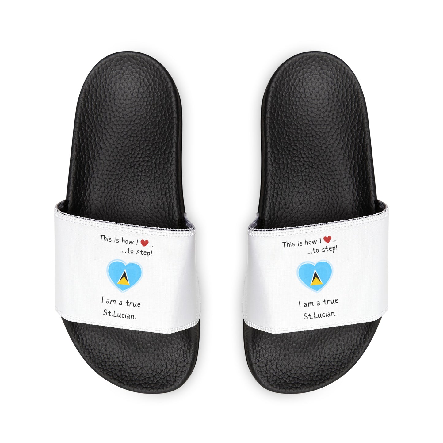 Women's PU Slide Sandals - Step into St. Lucian pride with our newly designed Heart-shaped St. Lucian flag slider footwear from LoveJustJules!