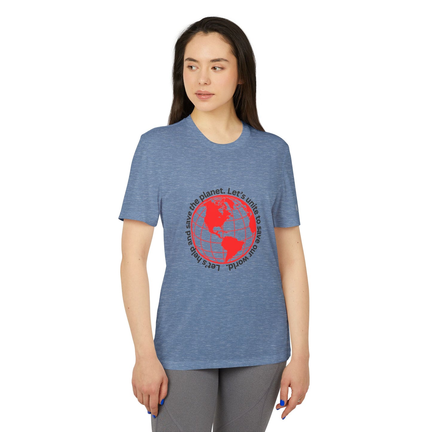 adidas® Unisex Sport T-shirt - Eco-Conscious-Message - Red Outlined World Tee -LoveJustJules - Custom-Designed Apparel