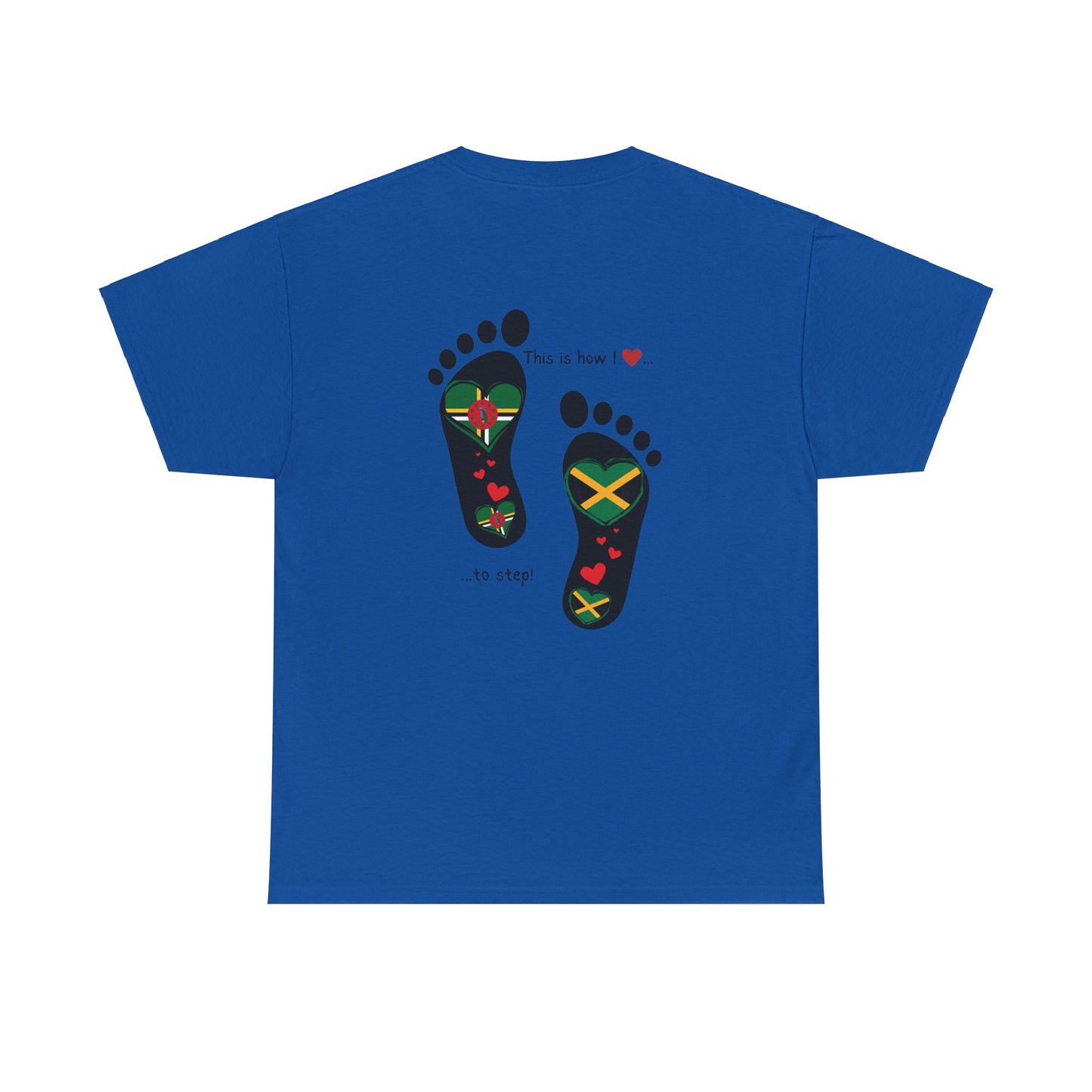 Jamaica & Dominica Flag in Footsteps Tee: Unique Unisex Soft style tee-Shirt for Dual Heritage Pride! Island Flag Fusion Apparel