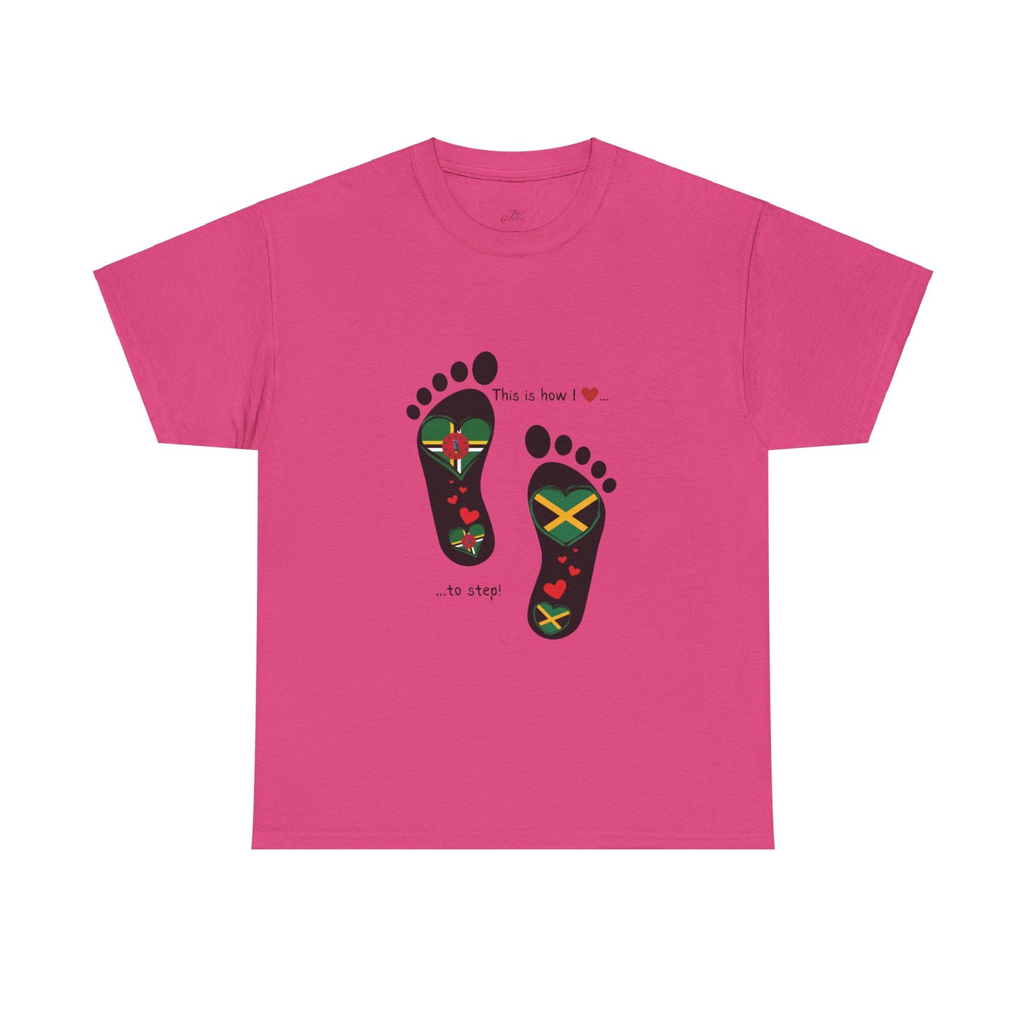 Jamaica & Dominica Flag in Footsteps Tee: Unique Unisex Soft style tee-Shirt for Dual Heritage Pride! Island Flag Fusion Apparel