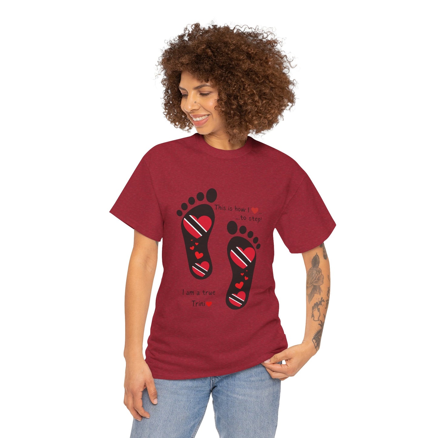 Introducing LoveJustJules's Exclusive Trinidad & Tobago Heart-Shaped Flags Footprint Tee - Trini flags in footprints. Gift Idea.