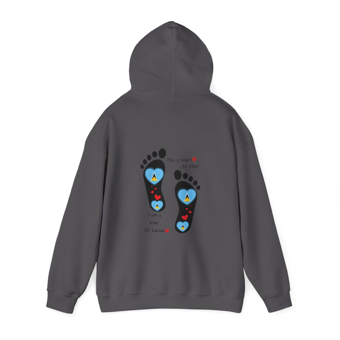 Elevate Your Style with LoveJustJules's St. Lucian Heart-Shaped Flag in Footsteps Hooded Sweatshirt.