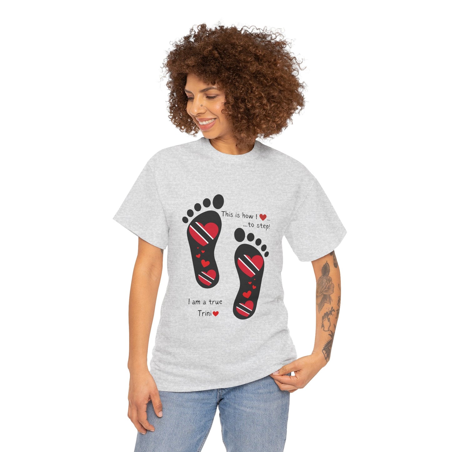 Introducing LoveJustJules's Exclusive Trinidad & Tobago Heart-Shaped Flags Footprint Tee - Trini flags in footprints. Gift Idea.