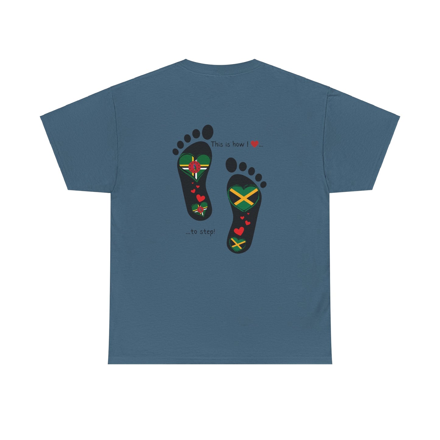 Jamaica & Dominica Flag in Footsteps Tee: Unique Unisex Soft style tee-Shirt for Dual Heritage Pride! Island Flag Fusion Apparel
