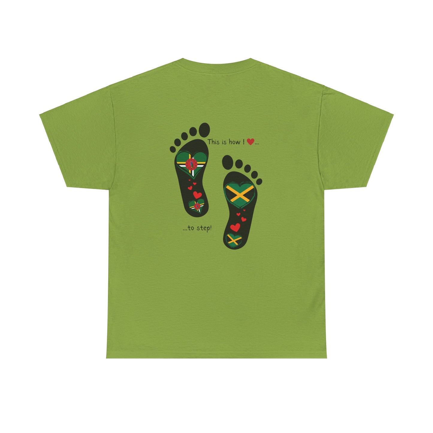 Jamaica & Dominica Flag in Footsteps Tee: Unique Unisex Soft style tee-Shirt for Dual Heritage Pride! Island Flag Fusion Apparel