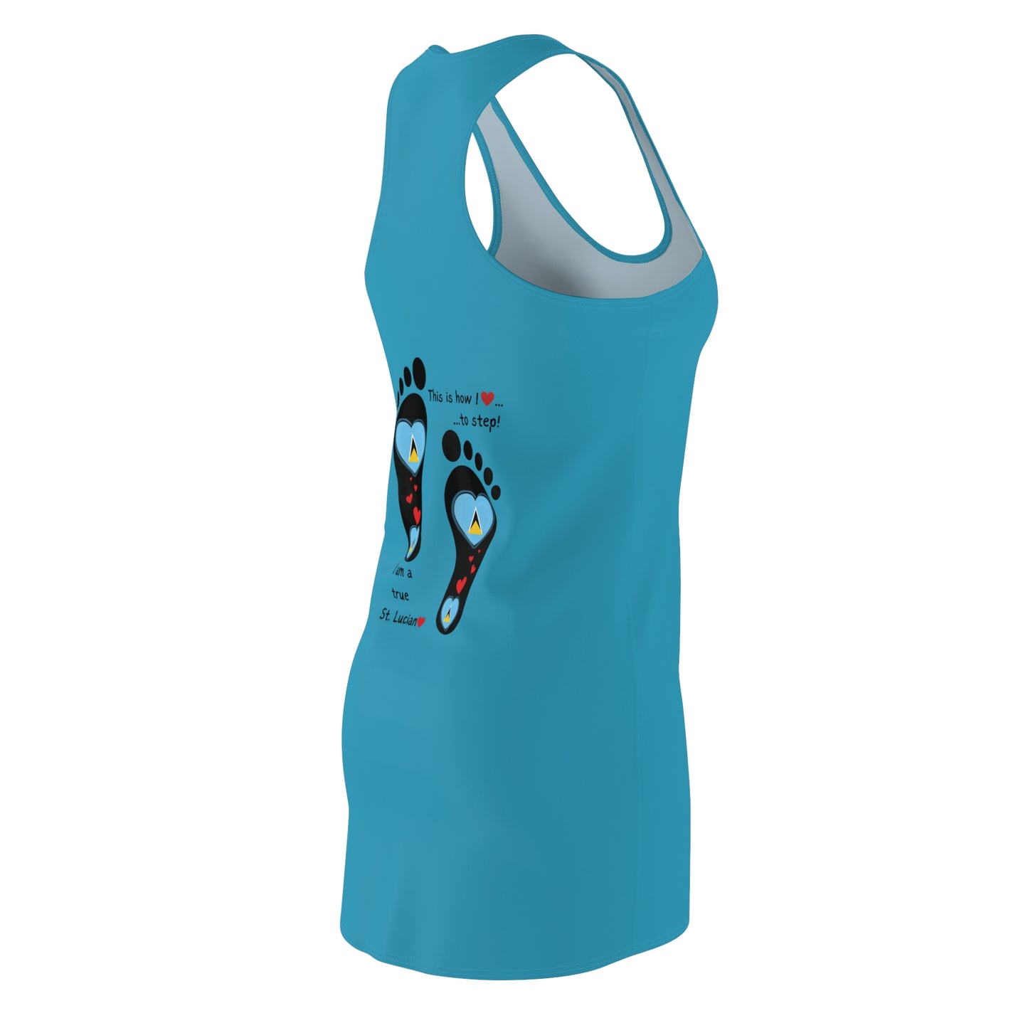 Women’s Cut & Sew Racerback Dress – Front & Back Print Design - St.Lucian Heart-Shaped Flags in Footprints Top | Stylish Heritage Apparel | Lightweight, Flattering Fit