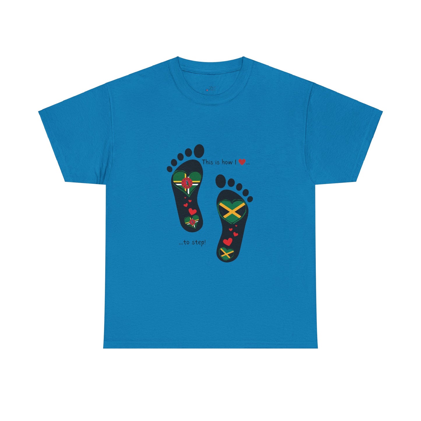 Jamaica & Dominica Flag in Footsteps Tee: Unique Unisex Soft style tee-Shirt for Dual Heritage Pride! Island Flag Fusion Apparel