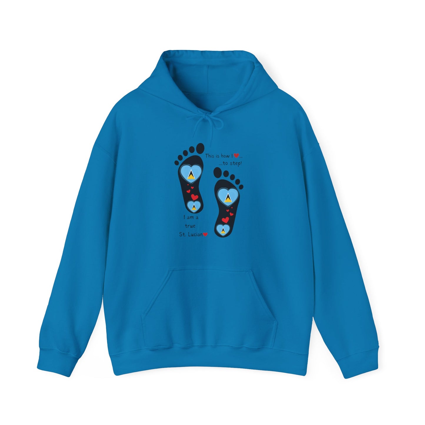 Elevate Your Style with LoveJustJules's St. Lucian Heart-Shaped Flag in Footsteps Hooded Sweatshirt.