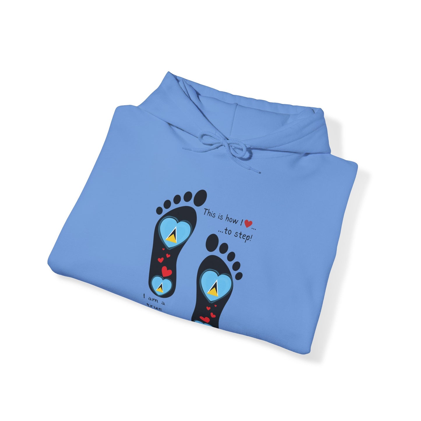 Elevate Your Style with LoveJustJules's St. Lucian Heart-Shaped Flag in Footsteps Hooded Sweatshirt.